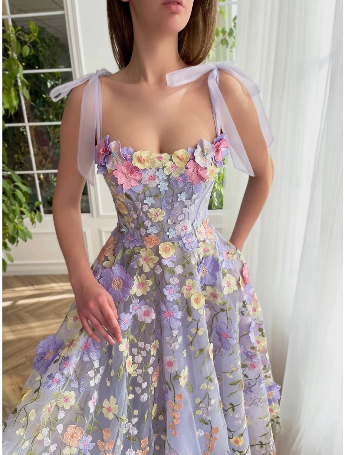 A-Line Cocktail Dresses Corsets Dress Wedding Guest Summer Tea Length Sleeveless Scoop Neck Bridesmaid Dress Tulle with Appliques