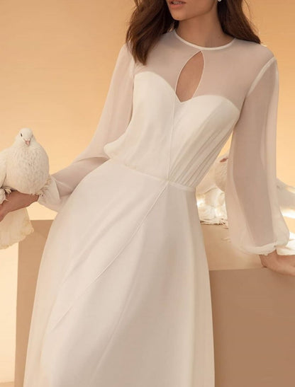 Hall Casual Wedding Dresses A-Line Illusion Neck Long Sleeve Floor Length Chiffon Bridal Gowns