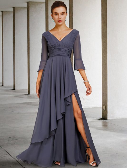 A-Line Mother of the Bride Dress Elegant High Low V Neck Asymmetrical Floor Length Chiffon 3/4 Length Sleeve with Split Front Ruching