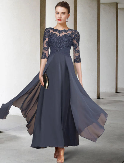 A-Line Mother of the Bride Dress Elegant Jewel Neck Ankle Length Chiffon Lace Short Sleeve with Ruched Appliques