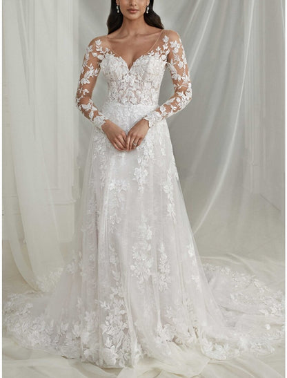 Hall Formal Wedding Dresses A-Line V Neck Long Sleeve Court Train Lace Bridal Gowns With Pleats Solid Color