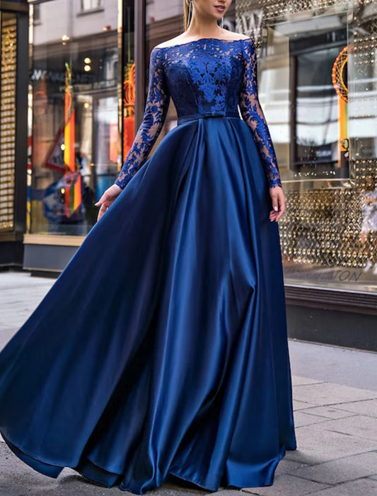 A-Line Evening Gown Party Dress Elegant Dress Wedding Guest Fall Floor Length Long Sleeve Off Shoulder Belt / Sash Satin with Appliques