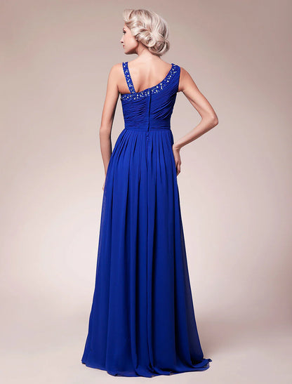 A-Line Mother of the Bride Dress Sparkle & Shine Straps Floor Length Chiffon Sleeveless with Pleats Ruched Beading