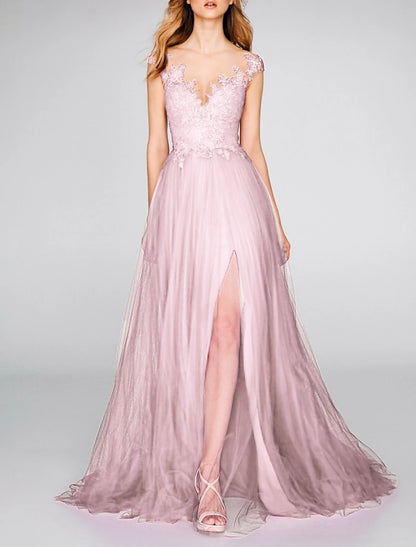 A-Line Evening Gown Party Dress Sexy Dress Engagement Prom Court Train Sleeveless V Neck Chiffon with Slit Appliques