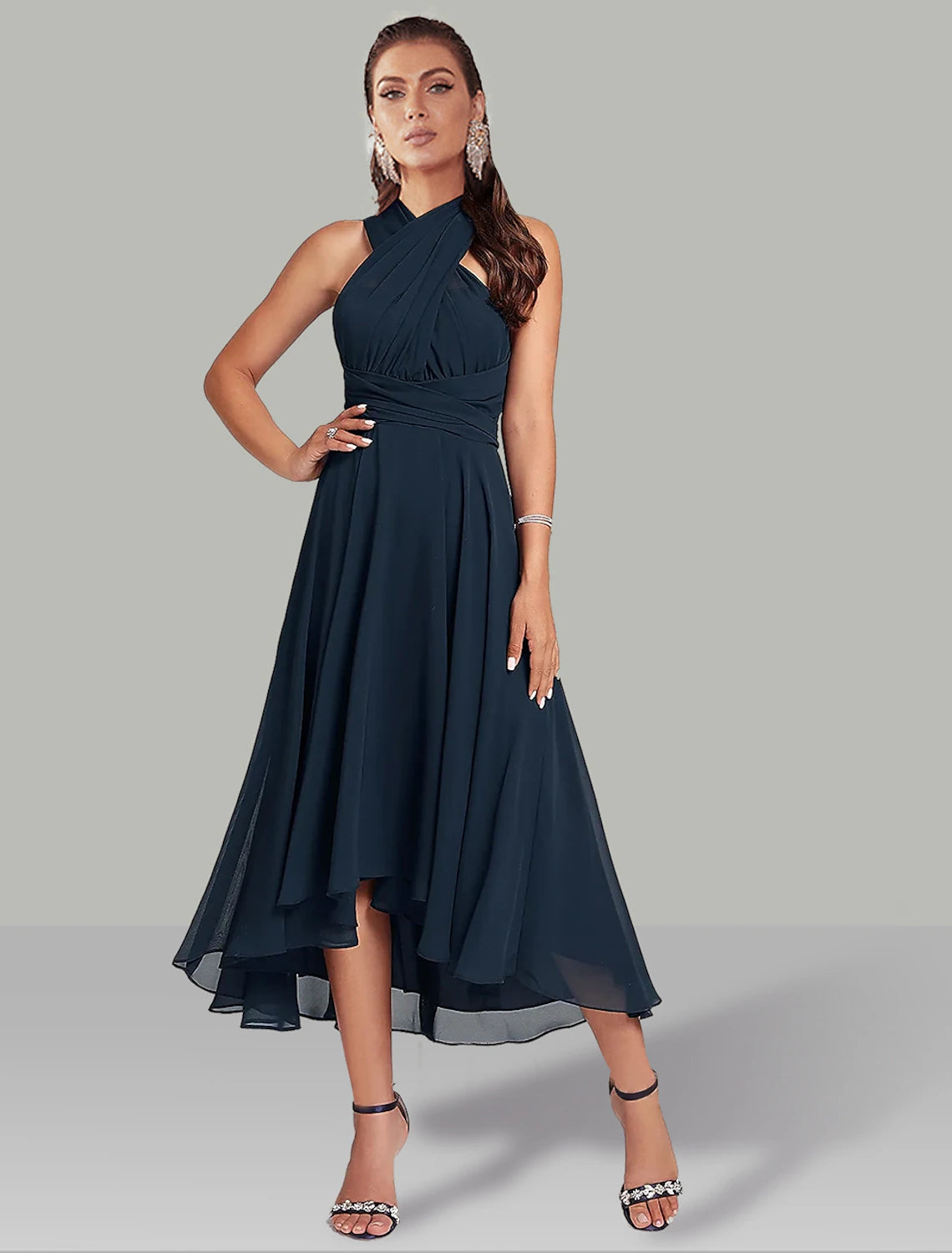 A-Line Blue Wedding Guest Dresses Convertible Infinity Mother Dress Formal Tea Length Sleeveless One Shoulder Chiffon with Ruched