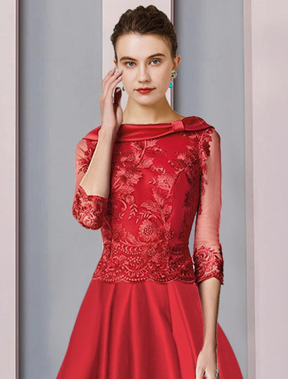 A-Line Mother of the Bride Dress Formal Wedding Guest Elegant High Low Scoop Neck Asymmetrical Tea Length Satin Lace 3/4 Length Sleeve with Appliques Ruching