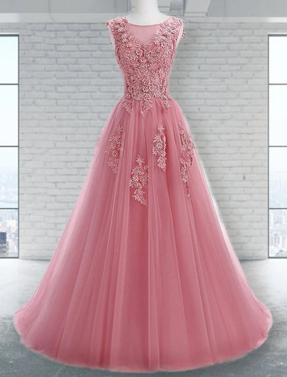 A-Line Prom Dresses Floral Dress Wedding Guest Engagement Sweep / Brush Train Sleeveless Jewel Neck Tulle with Appliques