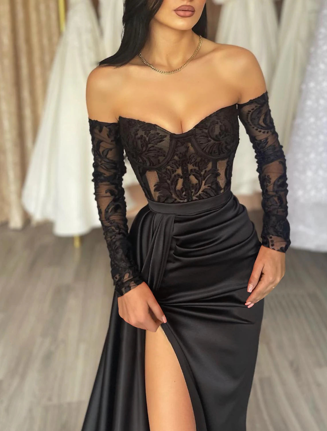 Mermaid Black Dress Evening Gown See Through Dress Formal Masquerade Floor Length Long Sleeve Off Shoulder Fall Wedding Reception Satin with Appliques