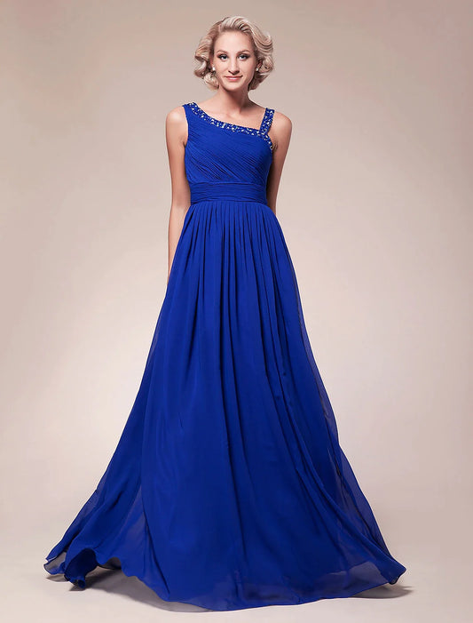 A-Line Mother of the Bride Dress Sparkle & Shine Straps Floor Length Chiffon Sleeveless with Pleats Ruched Beading