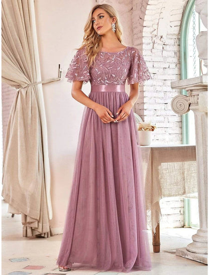 A-Line Empire Elegant Party Wear Prom Dress Jewel Neck Short Sleeve Floor Length Tulle with Embroidery