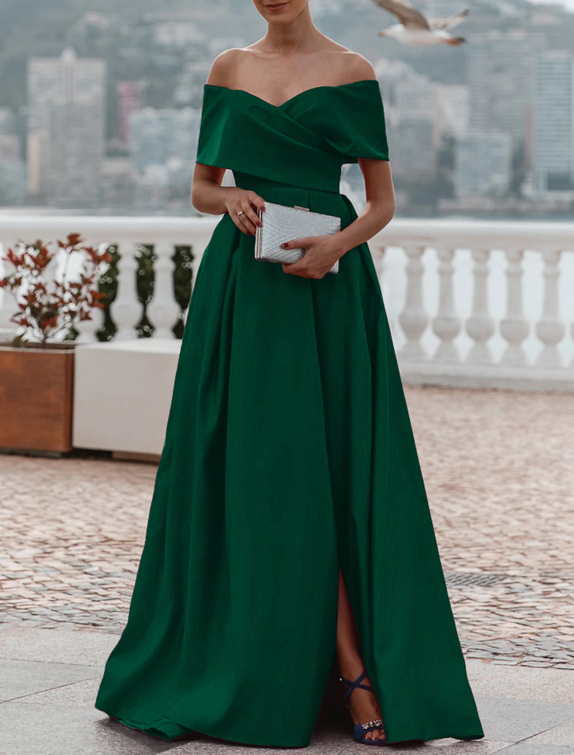 A-Line Evening Gown Elegant Dress Formal Wedding Court Train Sleeveless Off Shoulder Bridesmaid Dress Satin with Ruched Slit