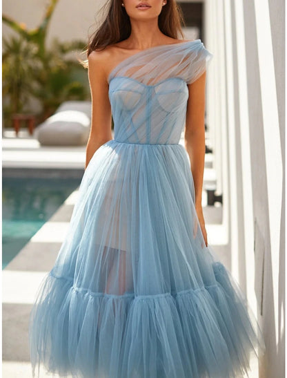 A-Line Prom Dresses Elegant Dress Formal Tea Length Sleeveless One Shoulder Tulle with Pleats