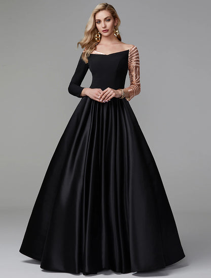 Ball Gown Sparkle Quinceanera Formal Evening Dress Off Shoulder Long Sleeve Floor Length Satin with Sequin