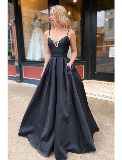 A-Line Prom Dresses Open Back Dress Formal Wedding Guest Floor Length Sleeveless V Neck Pocket Stretch Satin Backless with Pleats Beading Pocket