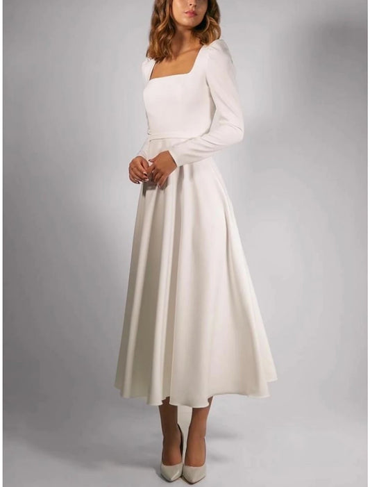 Casual Wedding Dresses A-Line Square Neck Long Sleeve Tea Length Stretch Fabric Bridal Gowns With Pleats Solid Color