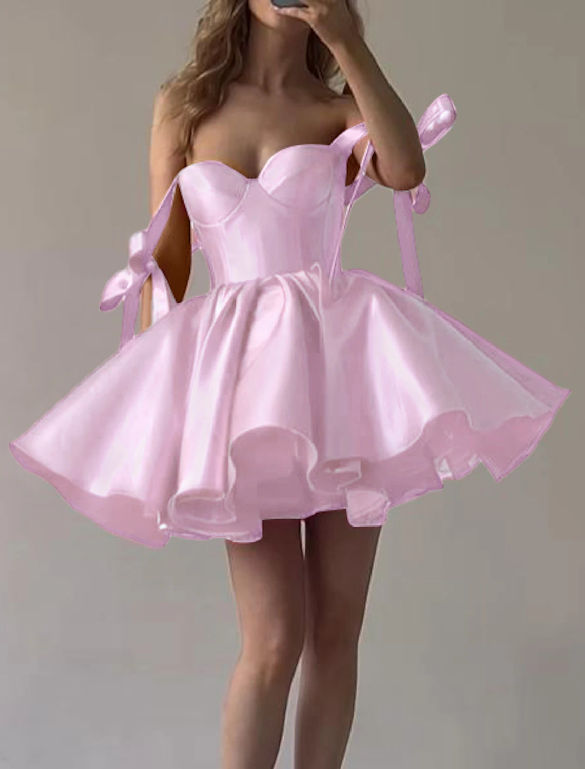 A-Line Homecoming Dresses Corsets Dress Holiday Graduation Short / Mini Sleeveless Spaghetti Strap Pink Dress Satin with Bow(s)