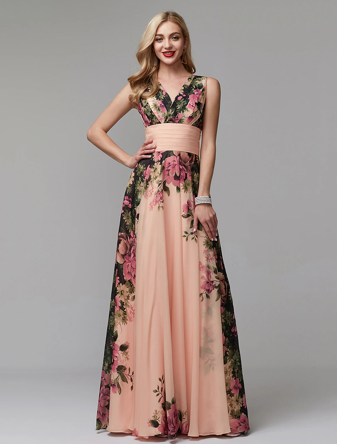 A-Line Floral Dress Holiday Floor Length Sleeveless V Neck Bridesmaid Dress Chiffon with Pattern / Print