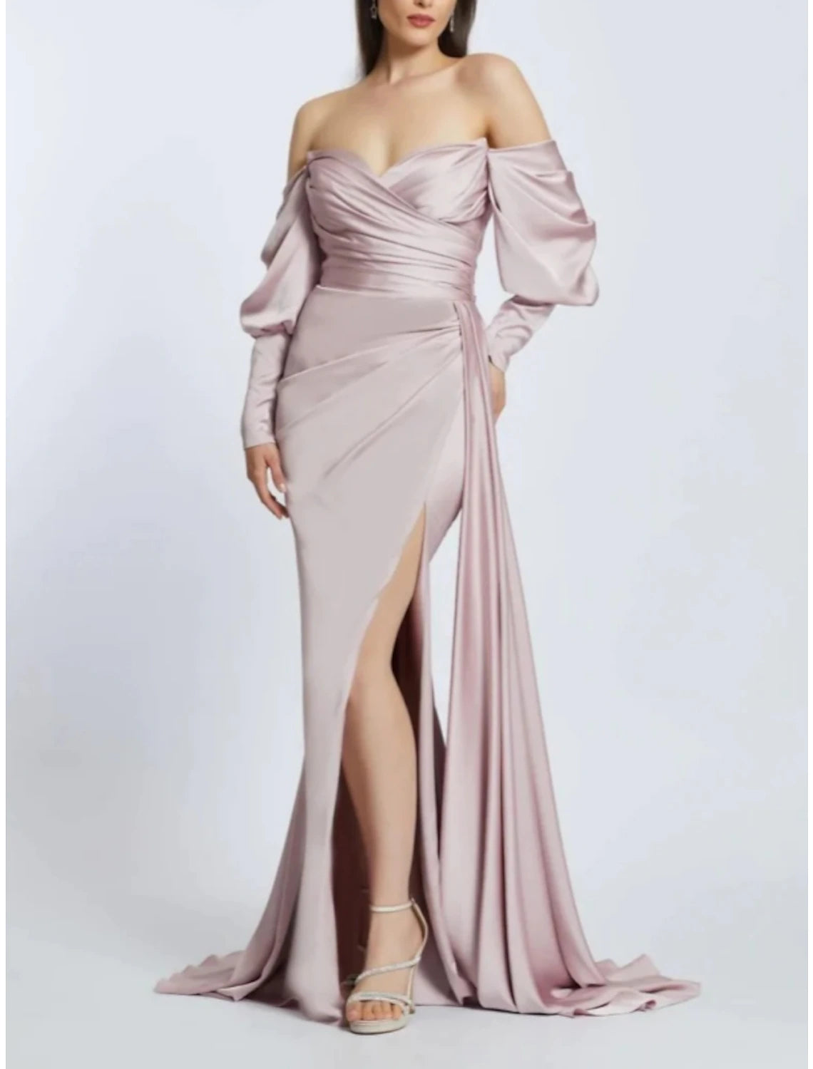 A-Line Evening Gown High Split Dress Formal Sweep / Brush Train Long Sleeve Off Shoulder Satin with Pleats Ruched Slit