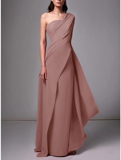 Sheath / Column Evening Gown Elegant Dress Formal Sweep / Brush Train Sleeveless One Shoulder Stretch Chiffon with Pleats Ruched