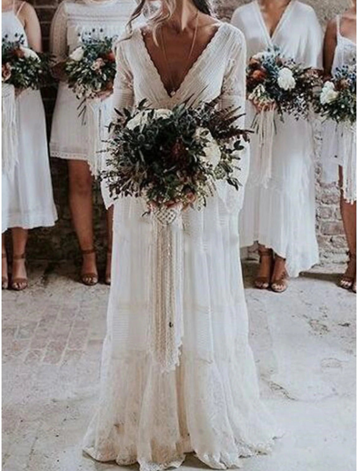 Beach Boho Wedding Dresses A-Line V Neck Long Sleeve Floor Length Lace Bridal Gowns With Lace