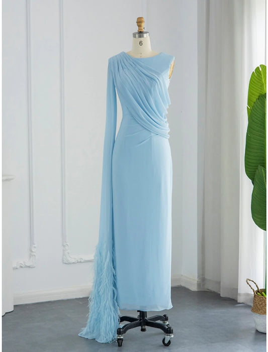 Sheath / Column Evening Gown Elegant Dress Formal Fall Sweep / Brush Train Sleeveless Cowl Neck Chiffon with Feather Ruched Slit