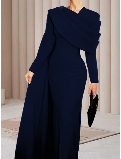 Sheath / Column Evening Gown Elegant Dress Formal Fall Sweep / Brush Train Long Sleeve Cowl Neck Stretch Fabric with Buttons Slit