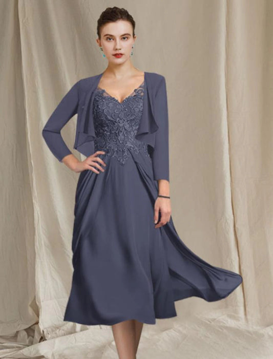 A-Line Mother of the Bride Dress Plus Size Elegant V Neck Tea Length Chiffon Lace Short Sleeve Wrap Included with Applique