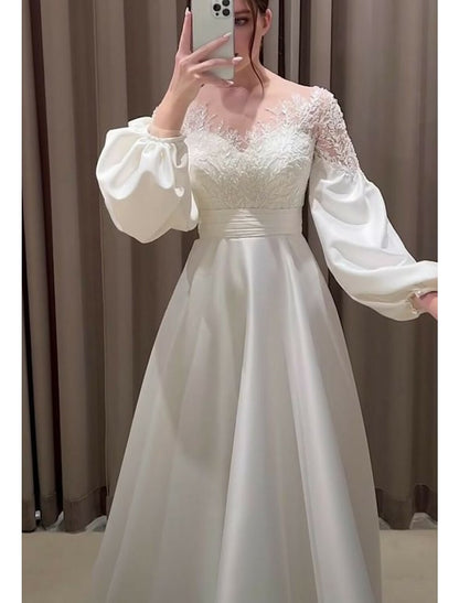 Hall Vintage Formal Wedding Dresses A-Line V Neck Long Sleeve Sweep / Brush Train Satin Bridal Gowns With Embroidery Appliques