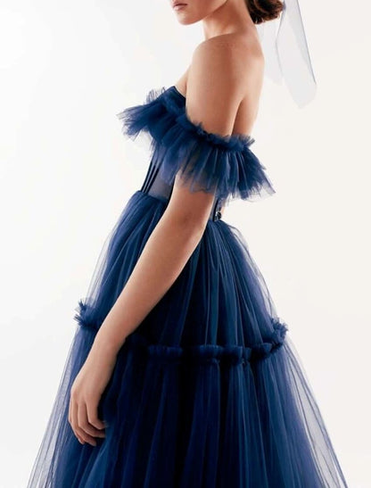 A-Line Prom Dresses Elegant Dress Wedding Guest Floor Length Short Sleeve Off Shoulder Tulle with Pleats Ruffles