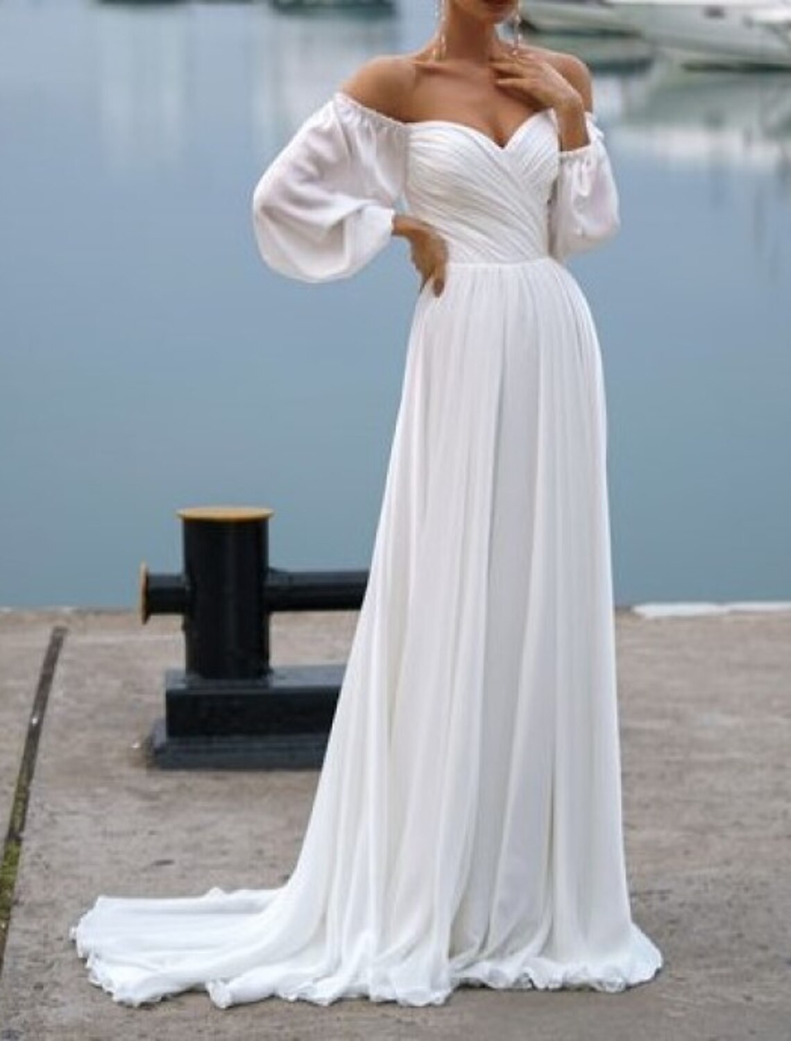 Beach Casual Wedding Dresses A-Line Off Shoulder Long Sleeve Sweep / Brush Train Chiffon Bridal Gowns With Ruched Solid Color