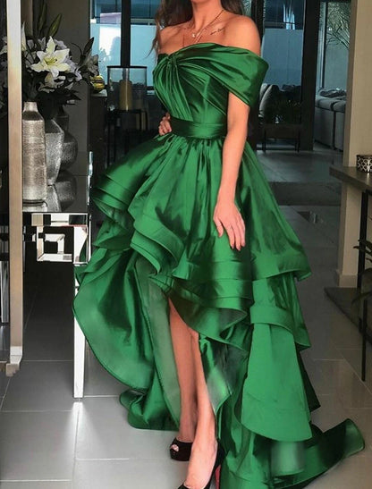 A-Line Prom Dresses Elegant Dress Red Green Dress Prom Court Train Short Sleeve One Shoulder Charmeuse with Criss Cross Pure Color