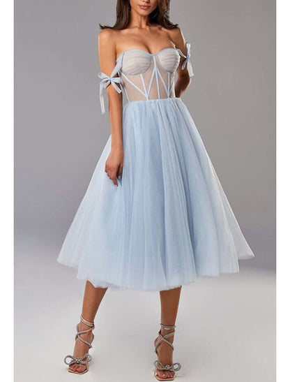 Two Piece A-Line Prom Dresses Elegant Dress Wedding Guest Tea Length Half Sleeve Sweetheart Tulle with Pleats Pure Color