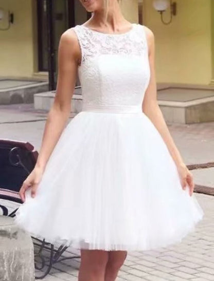 Reception Little White Dresses Wedding Dresses A-Line Scoop Neck Sleeveless Knee Length Lace Bridal Gowns With Appliques Solid Color