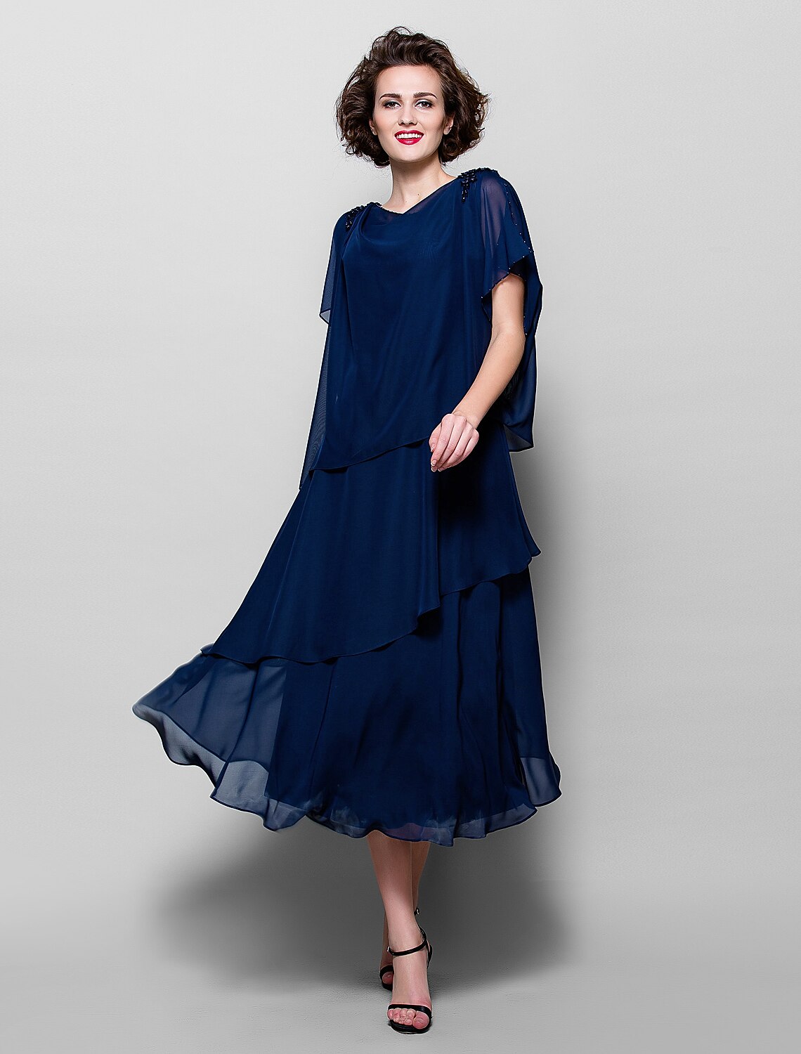 A-Line Mother of the Bride Dress Plus Size Elegant Cowl Neck Tea Length Chiffon Short Sleeve with Ruffles Crystal Brooch