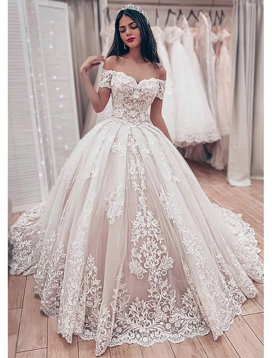 Engagement Formal Fall Wedding Dresses Ball Gown Off Shoulder Cap Sleeve Chapel Train Lace Bridal Gowns With Pleats Appliques