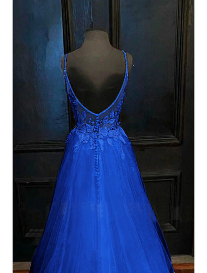 A-Line Prom Dresses Open Back Dress Formal Court Train Sleeveless V Neck Tulle Backless V Back with Beading Appliques