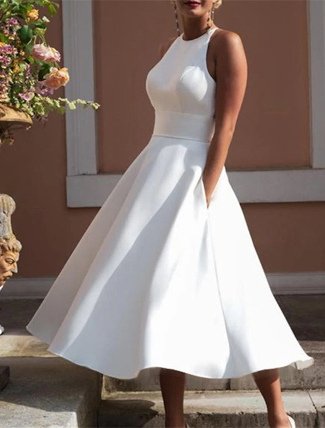 Reception Little White Dresses Wedding Dresses A-Line Halter Sleeveless Tea Length Satin Bridal Gowns With Solid Color