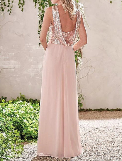 Sheath / Column Bridesmaid Dress Cowl Neck Sleeveless Elegant Floor Length Chiffon / Sequined with Sequin / Ruching