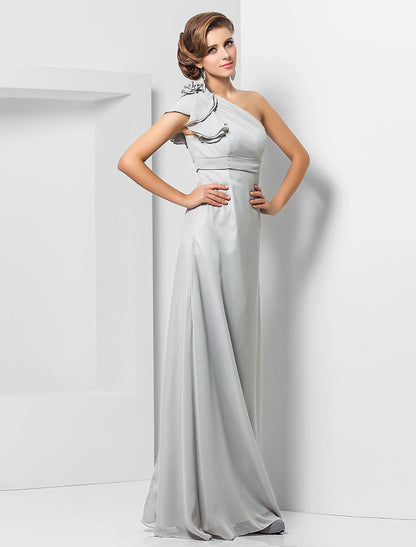 Sheath / Column Elegant Dress Wedding Guest Formal Evening Floor Length Sleeveless One Shoulder Bridesmaid Dress Chiffon with Sash / Ribbon Appliques