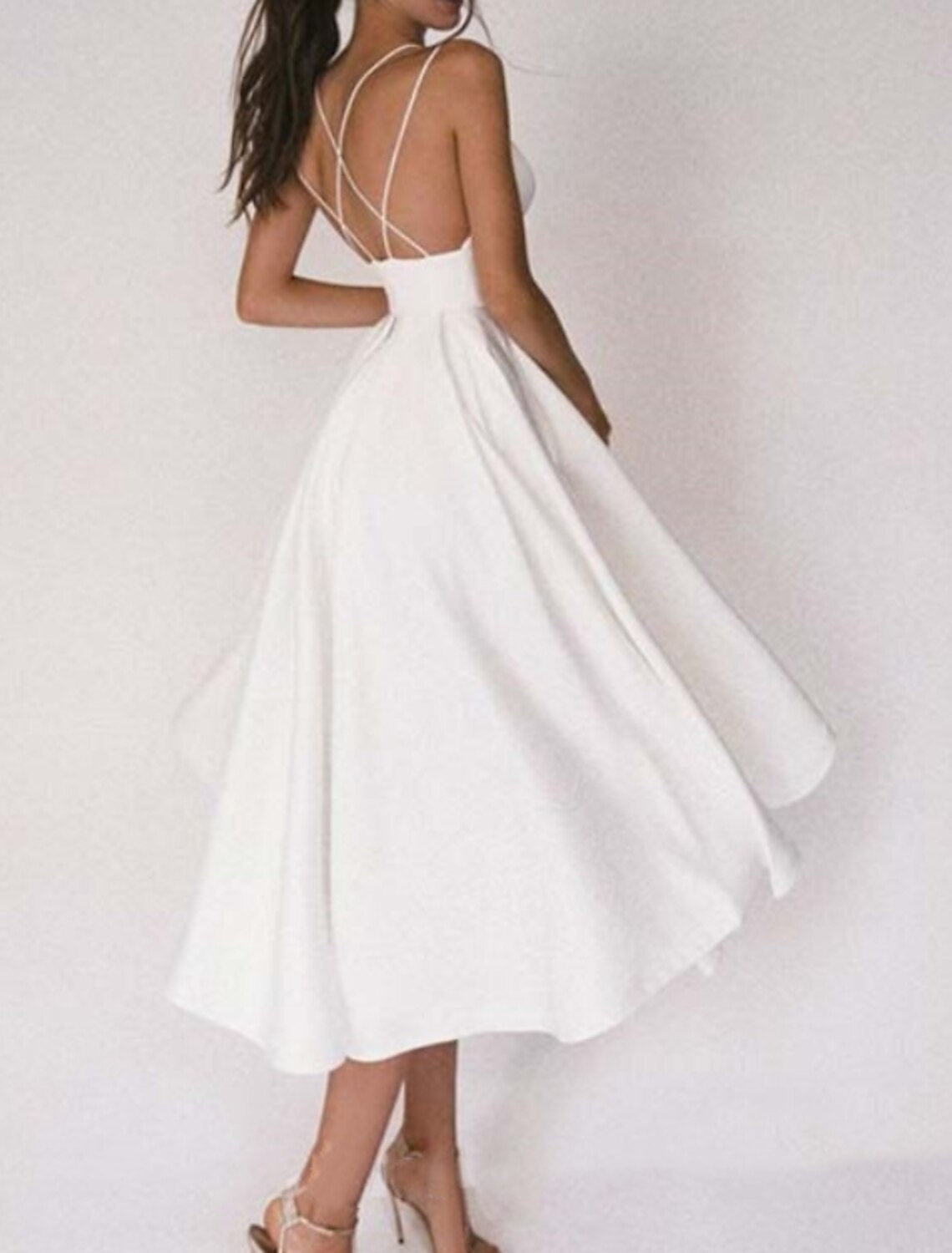 Reception Little White Dresses Wedding Dresses A-Line Sweetheart Camisole Spaghetti Strap Tea Length Chiffon Bridal Gowns With Pleats