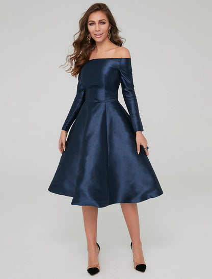 A-Line Special Occasion Dresses Party Dress Wedding Guest Knee Length Long Sleeve Off Shoulder Satin with Pleat