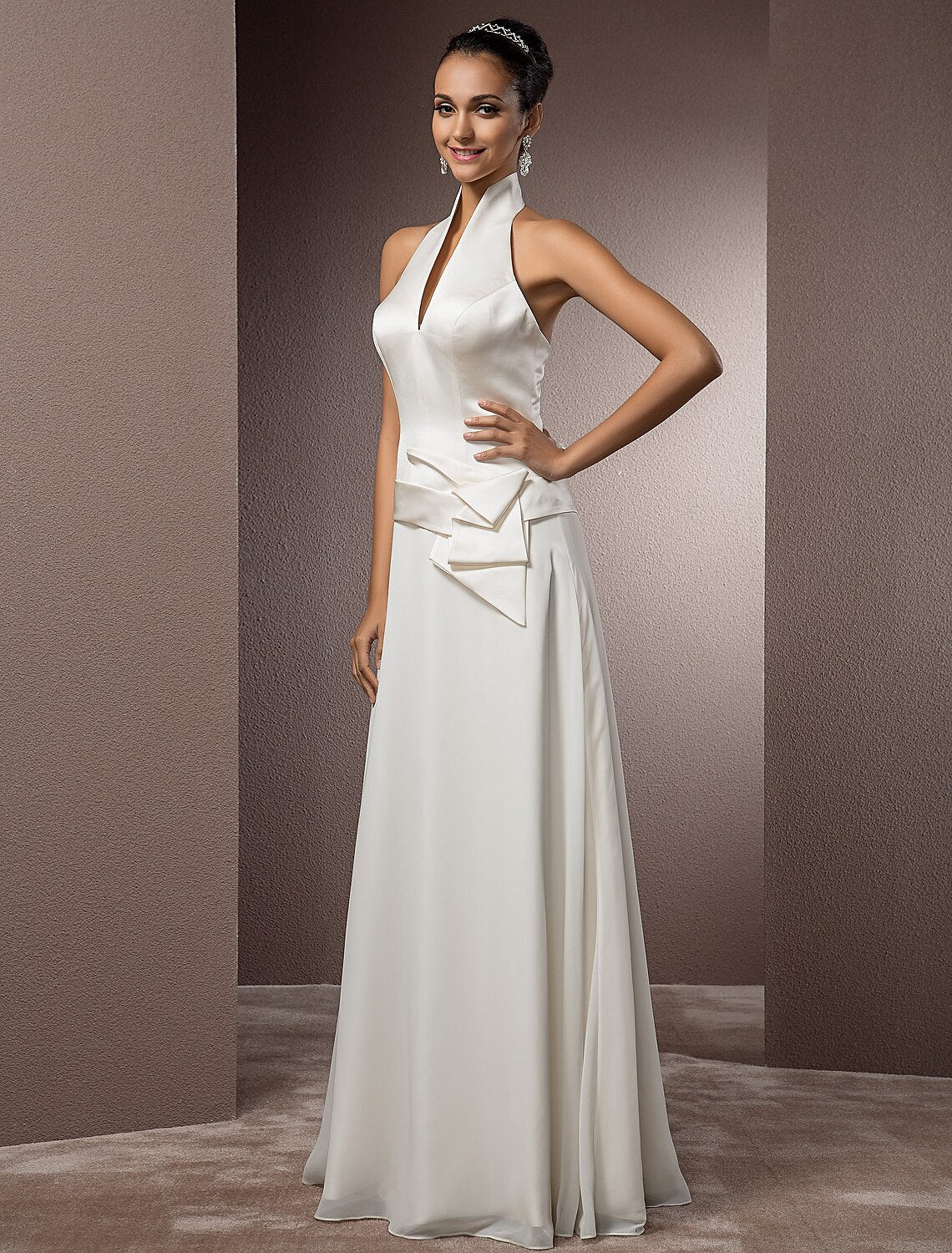 Hall Wedding Dresses Sheath / Column Halter Neck Sleeveless Floor Length Satin Bridal Gowns With Sash / Ribbon