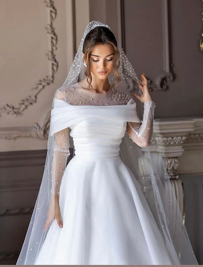 Beach Little White Dresses Formal Wedding Dresses A-Line Illusion Neck Long Sleeve Floor Length Tulle Bridal Gowns With Ruched Beading