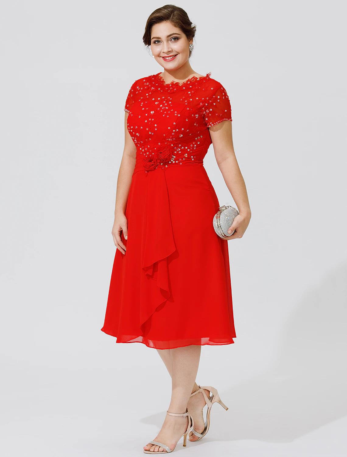 A-Line Mother of the Bride Dress Elegant & Luxurious Beautiful Back Plus Size Jewel Neck Knee Length Chiffon Beaded Lace Short Sleeve No with Pleats Beading Flower