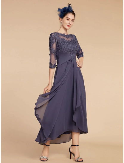 A-Line Mother of the Bride Dress Wedding Guest Elegant Scoop Neck Ankle Length Chiffon Lace 3/4 Length Sleeve with Ruching Solid Color