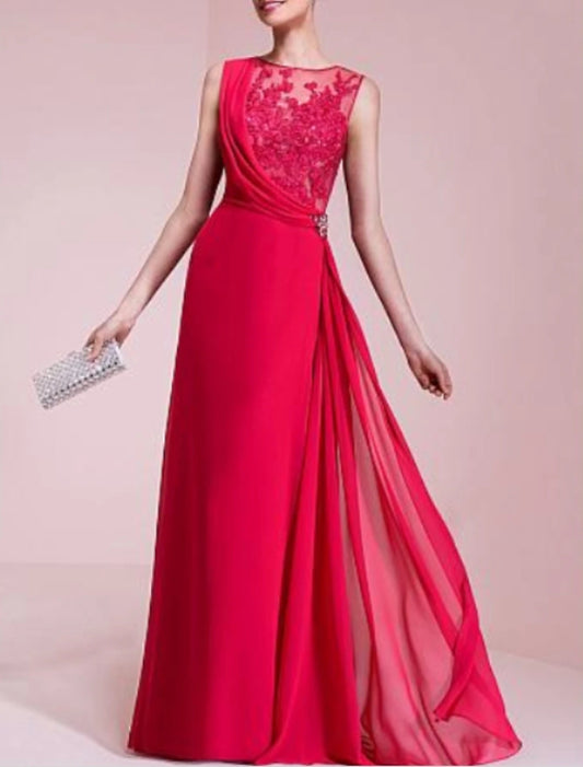 A-Line Evening Gown Beautiful Back Dress Wedding Guest Formal Evening Floor Length Sleeveless Jewel Neck Chiffon with Lace Insert Crystal Brooch