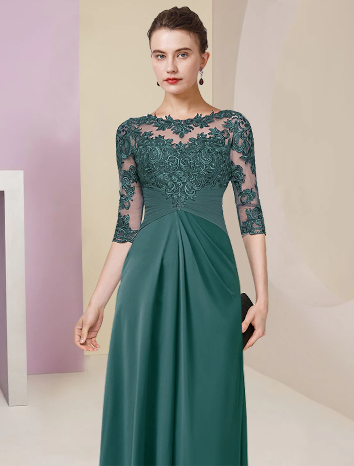 Sheath / Column Mother of the Bride Dress Simple Elegant Jewel Neck Floor Length Chiffon Lace Half Sleeve with Pleats Solid Color