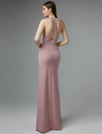 Sheath / Column Beautiful Back Dress Wedding Guest Floor Length Sleeveless Halter Spandex Crisscross Back with Beading