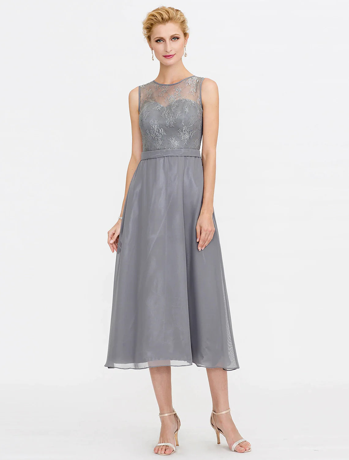 A-Line Mother of the Bride Dress Fall Wedding Guest Dresses Plus Size Elegant Illusion Neck Tea Length Chiffon Corded Lace Sleeveless Wrap Included with Lace Pleats