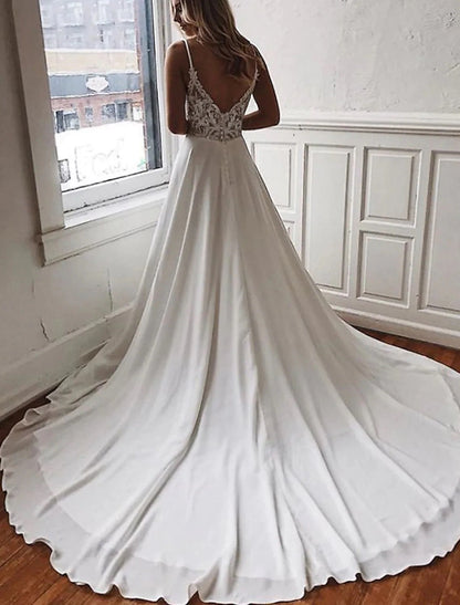 Beach Open Back Boho Wedding Dresses A-Line Camisole V Neck Spaghetti Strap Chapel Train Chiffon Bridal Gowns With Appliques Solid Color